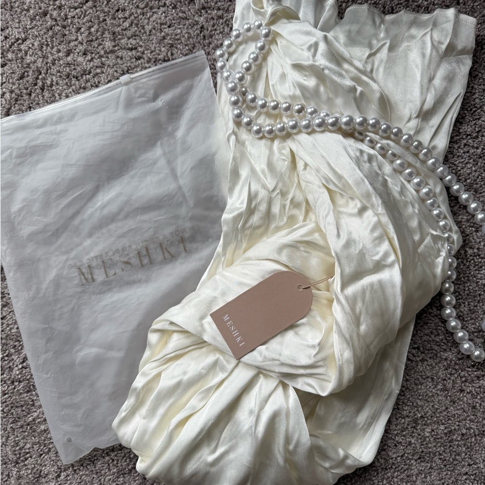 MESHKI Cream Satin Fabric with Pearl Accents